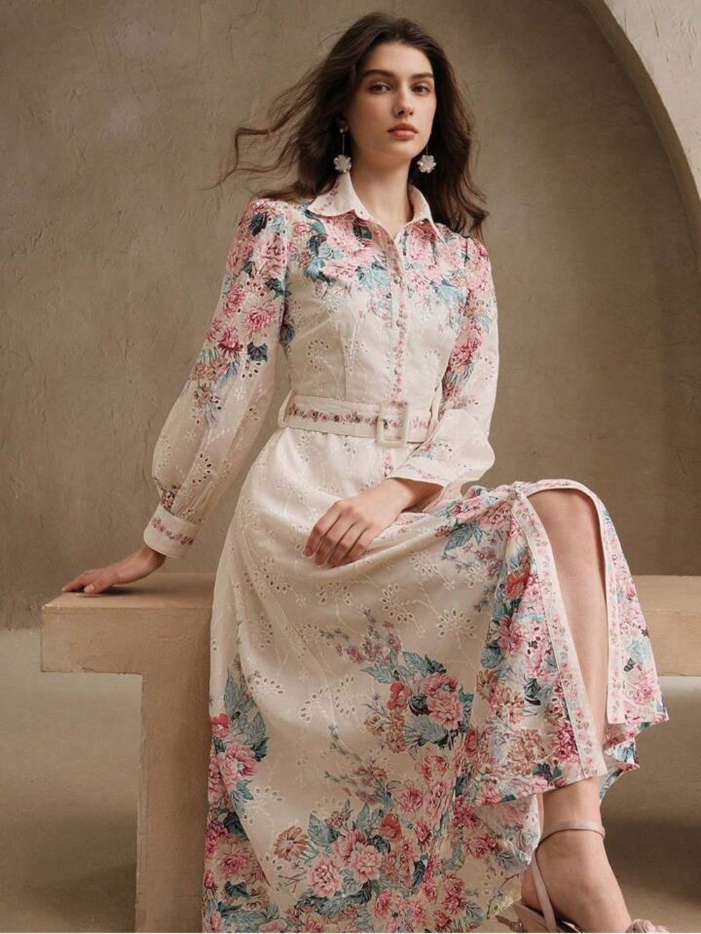 ANEWSTA EYELET FLORAL LONG SLEEVE BELTED DRESS